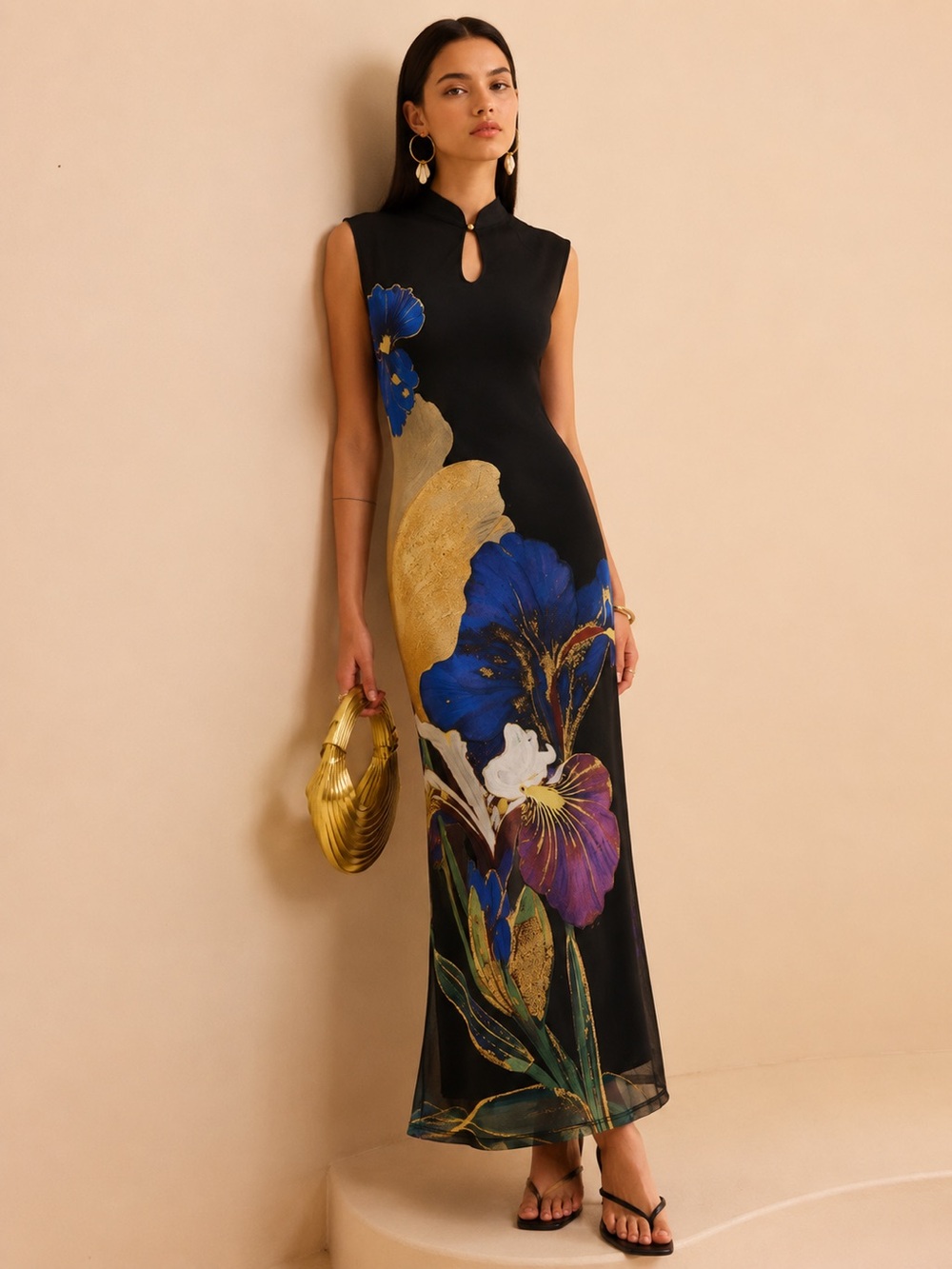 Commense - Iris Floral Print Mesh Sleeveless Maxi Dress